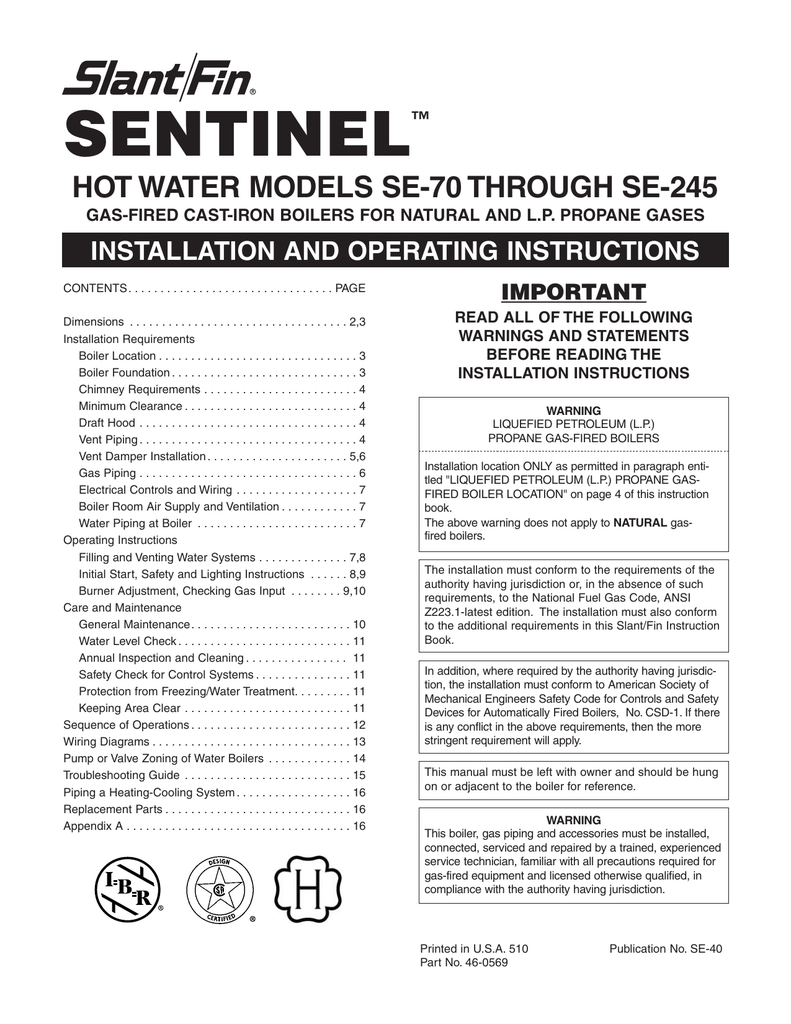 Slant/Fin Sentinel Boiler Installation Manual | Manualzz