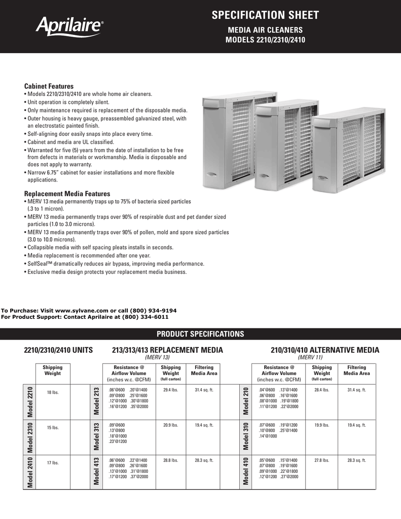 Aprilaire 2000 Series Specifications Sheet | Manualzz