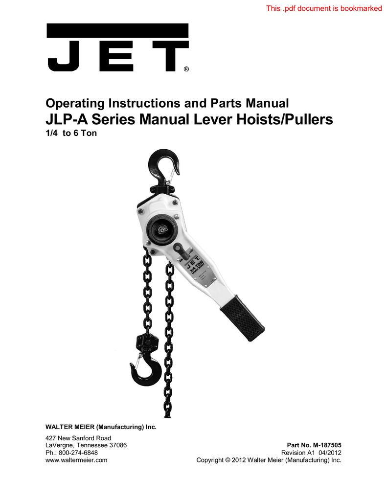 JLPA Series Manual Lever Hoists/Pullers Operating Instructions and