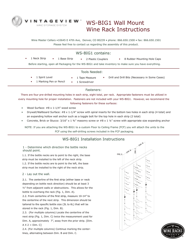 Ws Big1 Wall Mount Wine Rack Instructions Manualzz Com