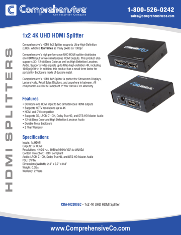 Comprehensive CDA-HD200EC HDMI 1 by 2 Splitter UHD 4k2k Specification Sheet | Manualzz