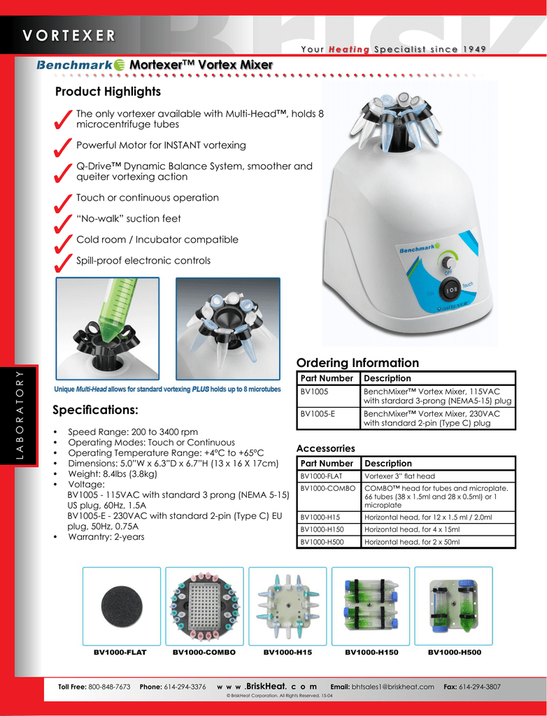 Benchmark Scientific BV1000H150 Horizontal Head for 4 x 15 mL Vortex