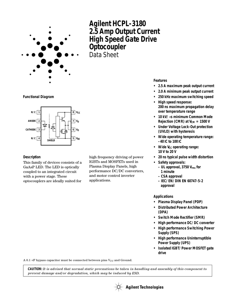 Agilent HCPL3180 2.5 Amp Output Current High Speed Gate Drive Optocoupler Manualzz
