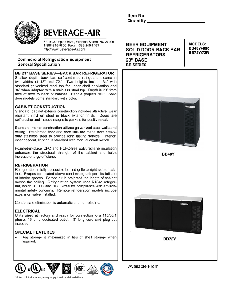 Item No Quantity Beer Equipment Solid Door Back Bar Manualzz Com