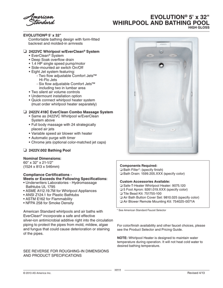 American Standard 2425v Lho 002 020 2422v 002 020 Specification Manualzz