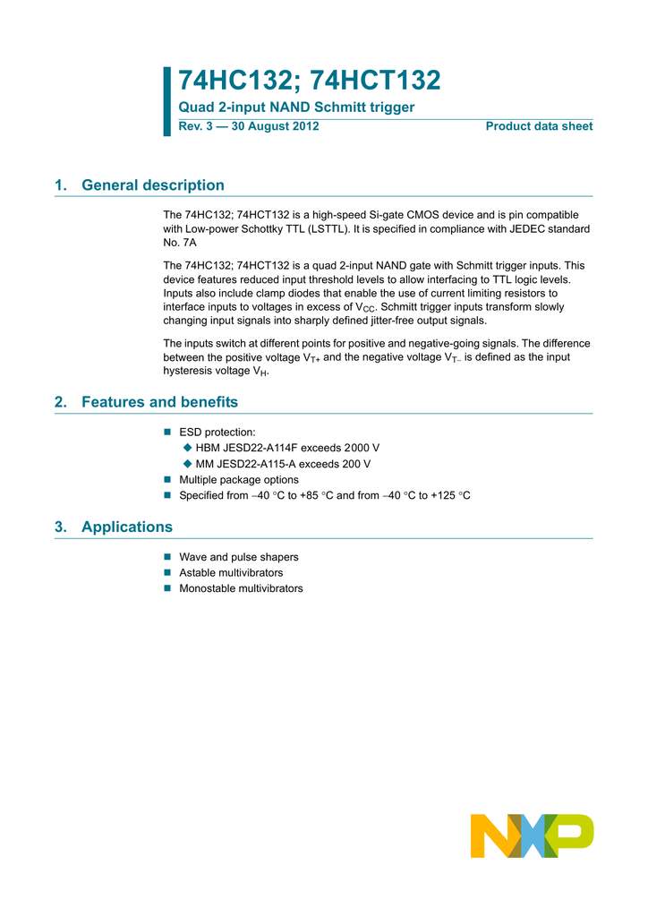74hc132 74hct132 1 General Description Quad 2 Input Nand Schmitt Trigger Manualzz