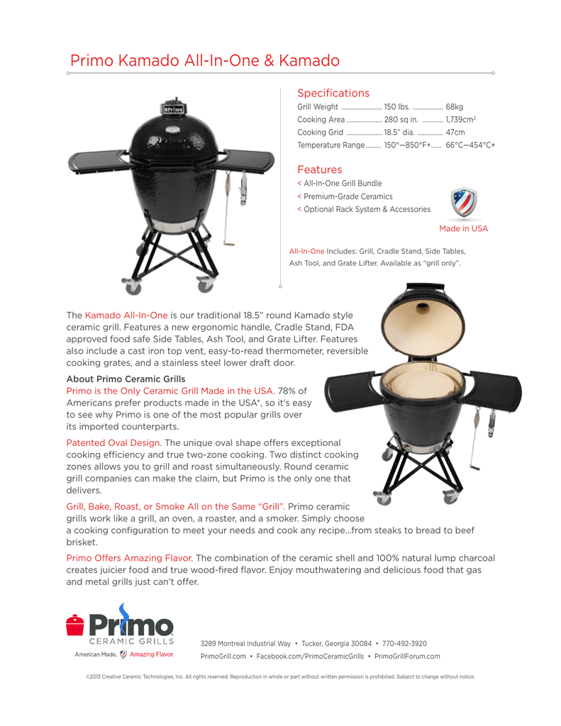 Primo Kamado All In One Amp Kamado Specifications