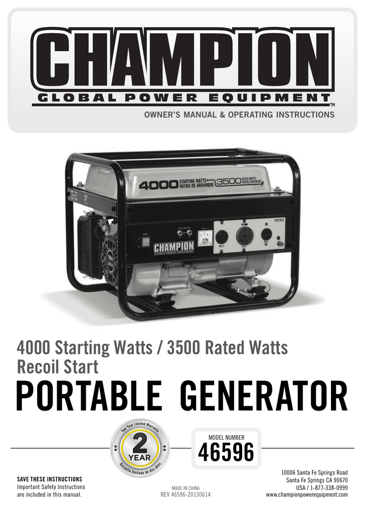 CHAMPION 4000 Watt Generator | Manualzz