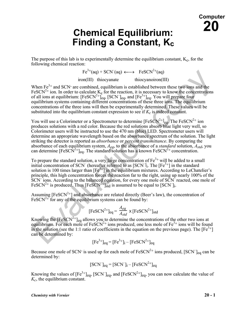The Determination Of Keq For Fescn2+ Lab Answers equilibrium constant for fescn2+