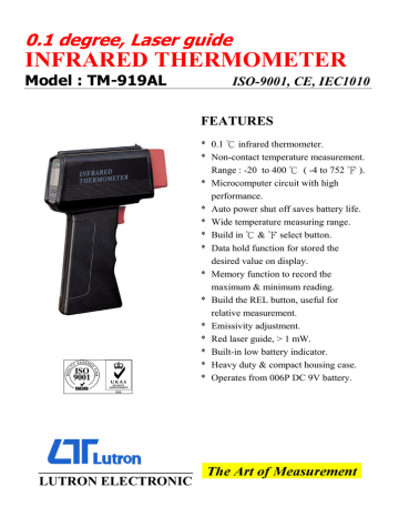 INFRARED THERMOMETER 0.1 degree, Laser guide Model : TM-919AL ISO-9001, CE, IEC1010 | Manualzz