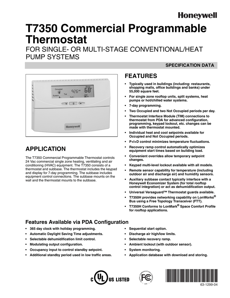 T7350 Commercial Programmable Thermostat For Single Or Multi Stage Conventional Heat Pump Systems Manualzz