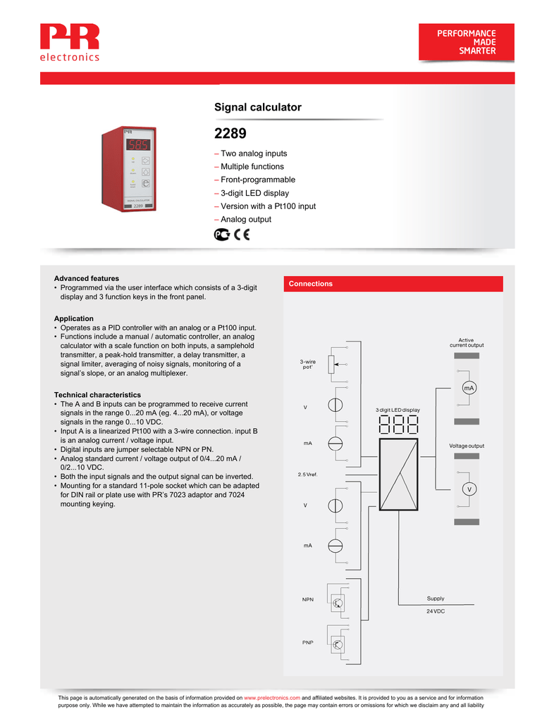 Process Controllers PR ELECTRONICS 2289A Signal Calculator 24 VDC 2 X ...