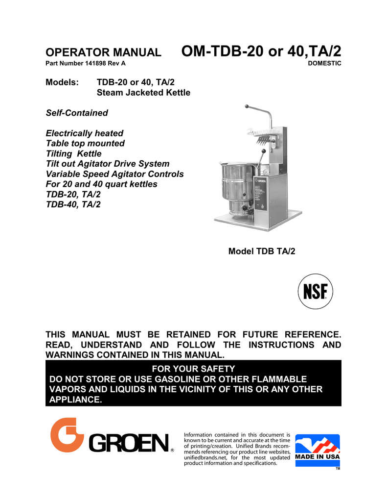Groen Cooker/Mixers Kettle Operator s Manual Model TDB Manualzz