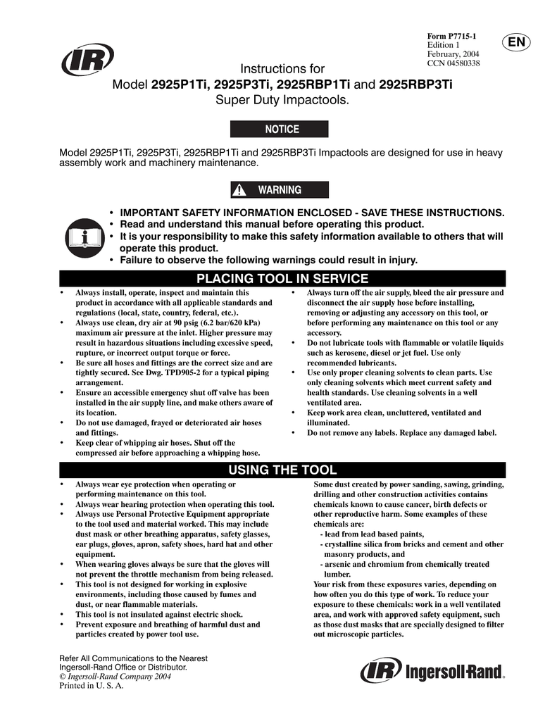Ingersoll Rand 2925p3ti Manualzz
