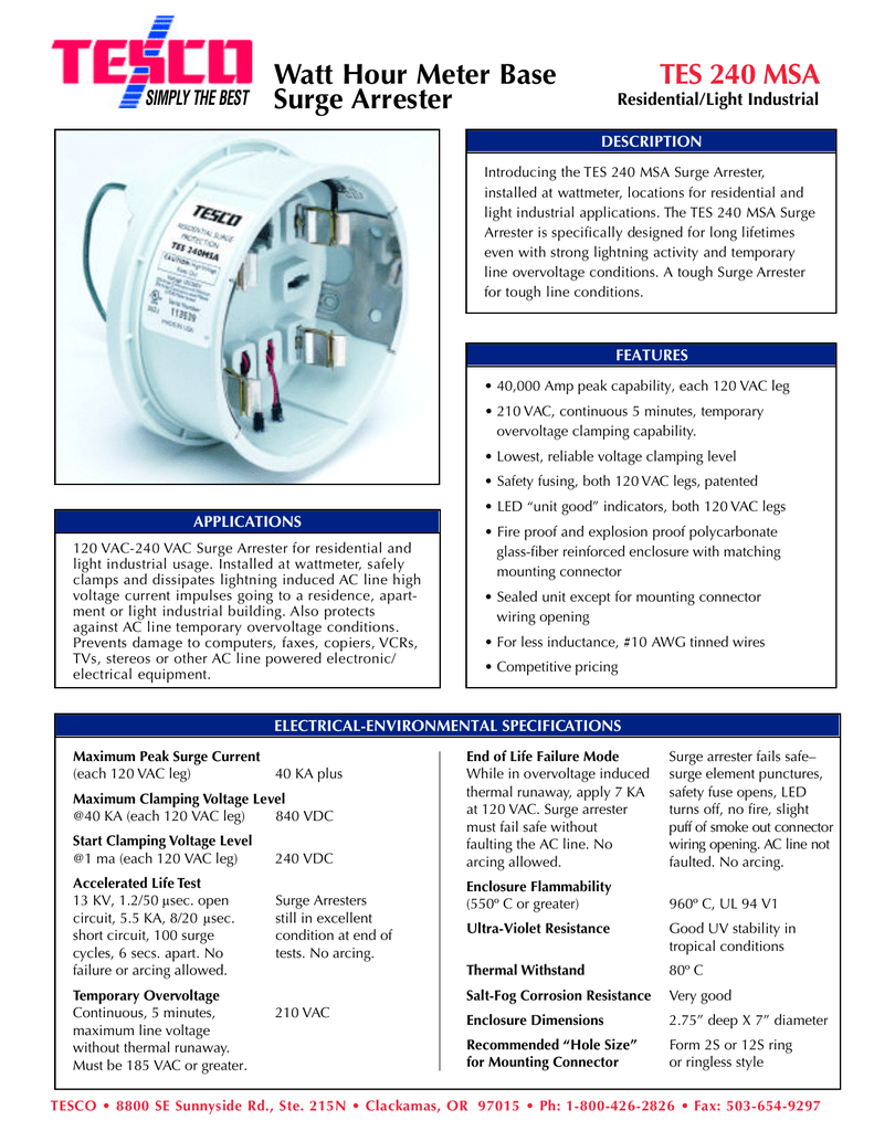 Tesco TES 240 MSA Surge Specifications Sheet Manualzz