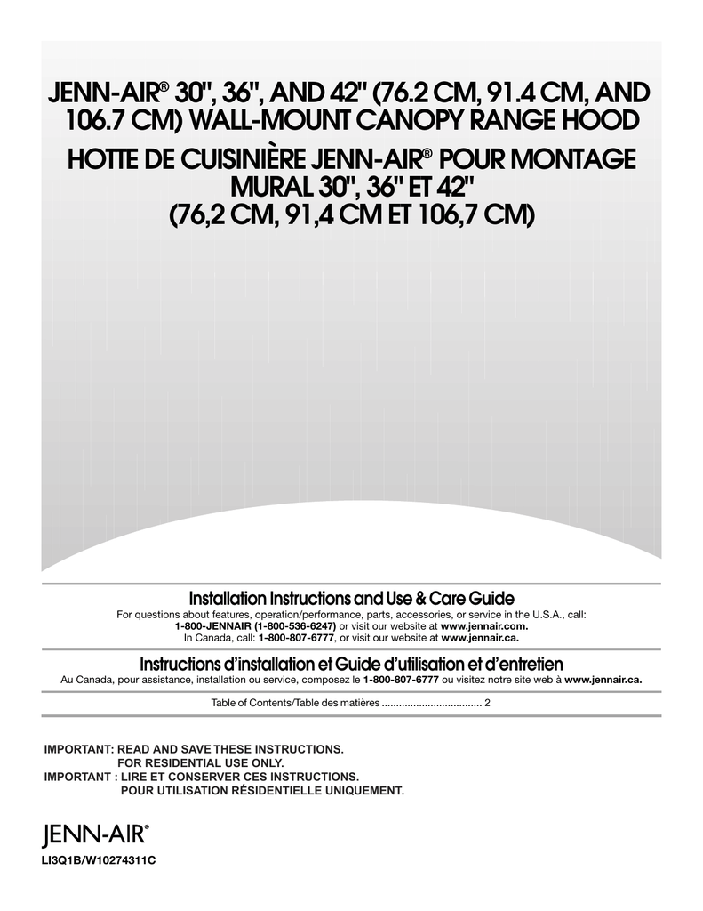 JennAir 36" Installation Instructions And Use & Care Manual Manualzz
