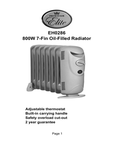EH0286 800W 7-Fin Oil-Filled Radiator Adjustable thermostat Built-in  carrying handle | Manualzz