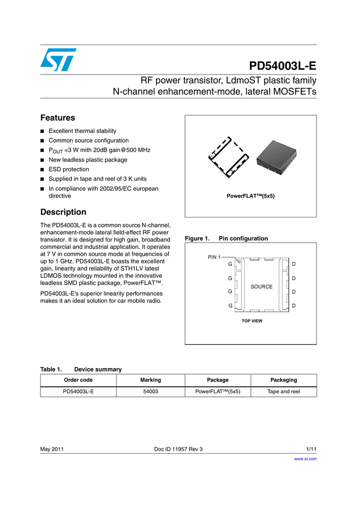 5X PD55015-E RF POWER transistor LDMOST plastic family N-Channel enhancement