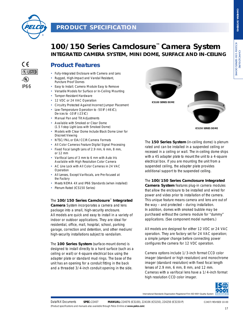 Pelco Ics100 101 Cc6 Video Surveillance Dome Cameras Datasheet Manualzz