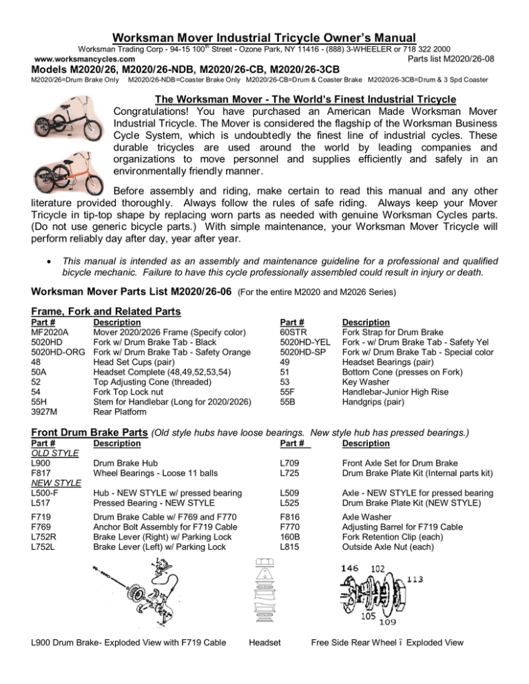 Worksman Mover Industrial Tricycle Owner’s Manual Models M2020/26, M2020/26NDB, M2020/26CB