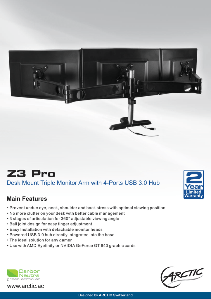 Easy Monitor Adjustment Black 360° Rotation Desk Mount Triple Monitor Arm for up to 43/49 Ultrawide Screens ARCTIC Z3 Basic Up to 15 kg Weight Capacity