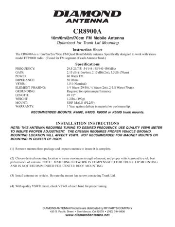 Diamond Antenna Cr A Instruction Sheet Manualzz