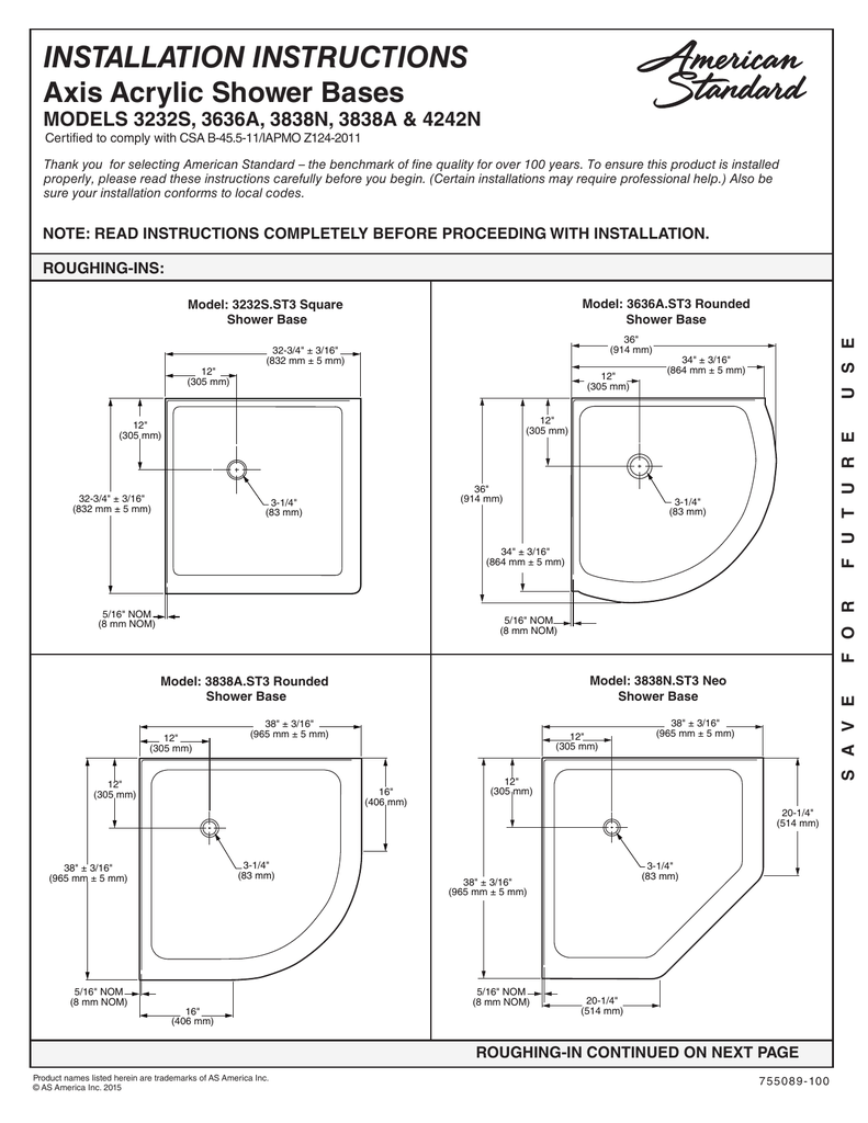 INSTALLATION INSTRUCTIONS Axis Acrylic Shower Bases Manualzz