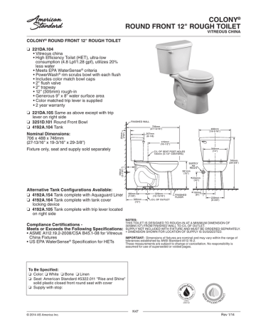 American Standard 221DA104.020 Colony 2-Piece 1.28 GPF Single Flush ...