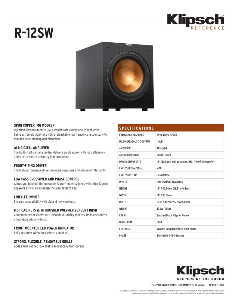 Klipsch R12SW Subwoofer Specification Sheet Manualzz