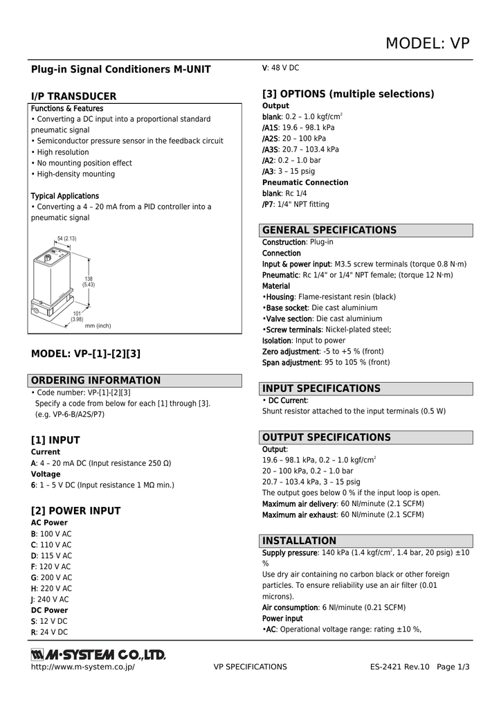 Model Vp Plug In Signal Conditioners M Unit 3 Options Multiple Selections I P Transducer Manualzz