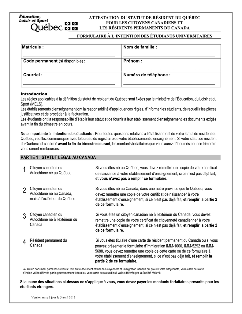 Attestation De Residence Au Quebec Pour Les Citoyens Canadiens Et Les Residents Permanents Du Canada Manualzz