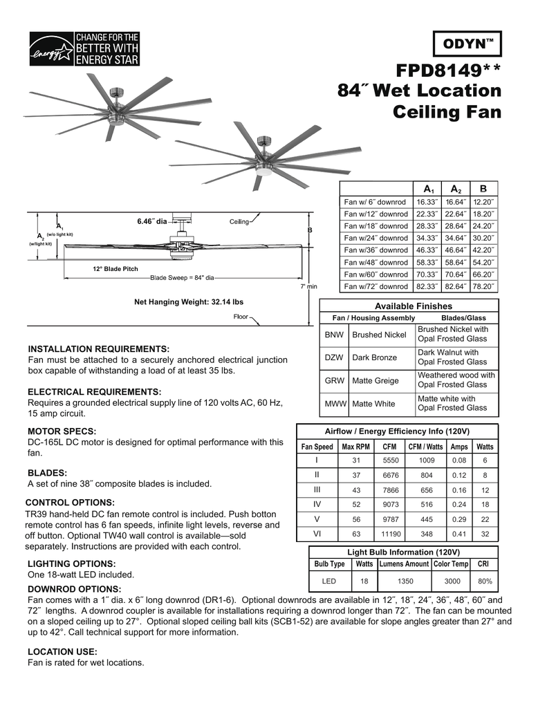 Fpd8149 84 Wet Location Ceiling Fan Odyn Manualzz Com