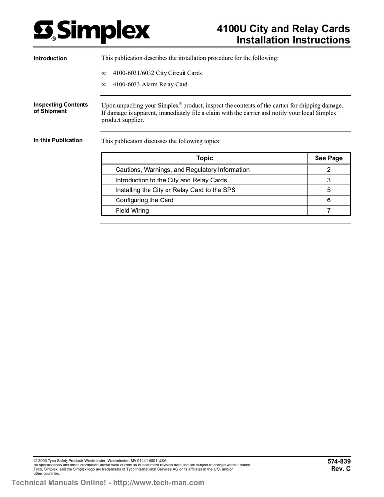 Simplex 4100U+City+ +Relay+Card+Installation+Manual+Rev+C | Manualzz