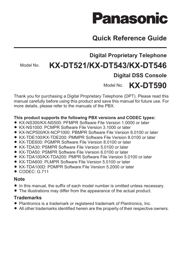 KXDT521/KXDT543/KXDT546 KXDT590 Quick Reference Guide Digital