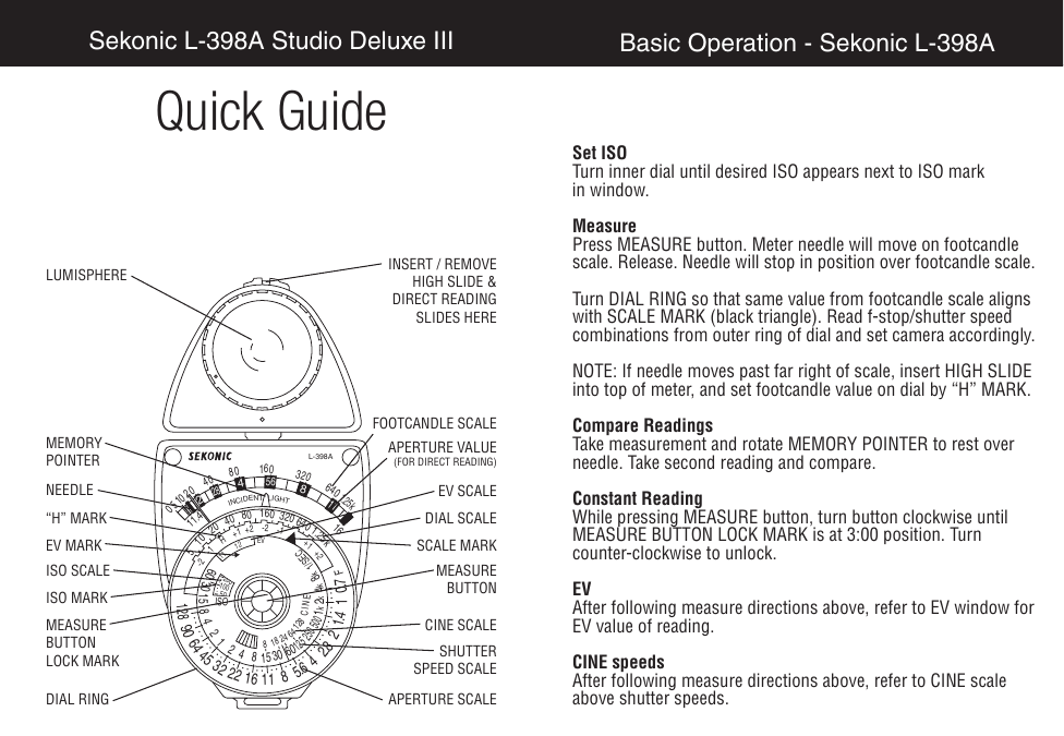 Quick Guide Sekonic Studio Deluxe II L-398 | Manualzz