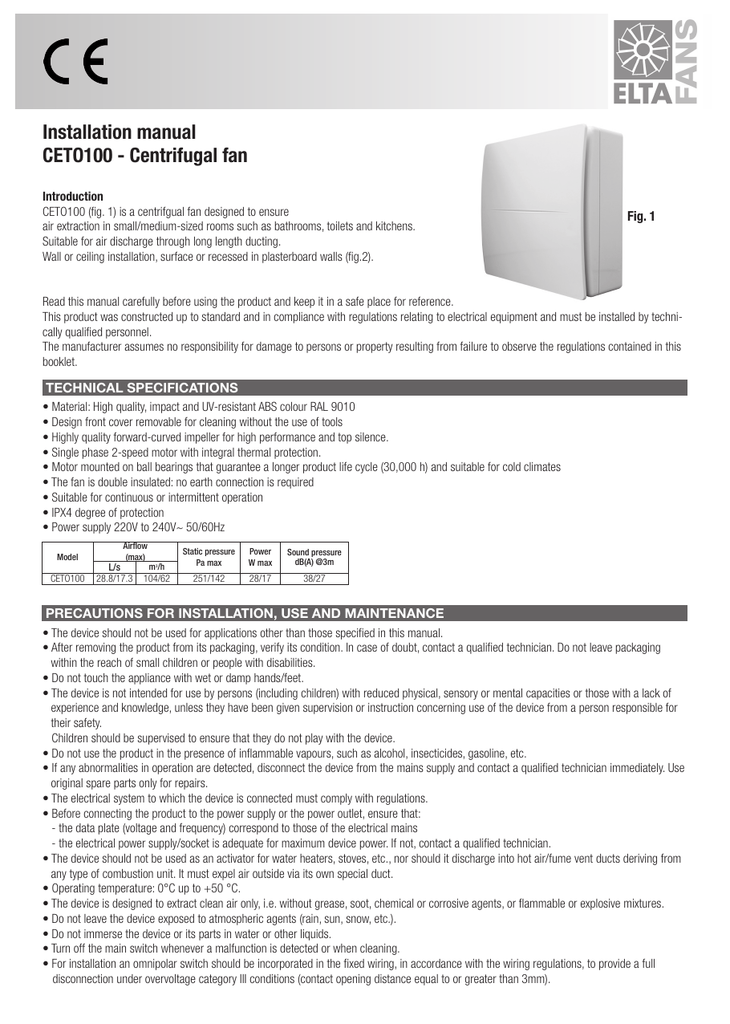G Installation Manual Ceto100 Centrifugal Fan Fig 1 Manualzz Com