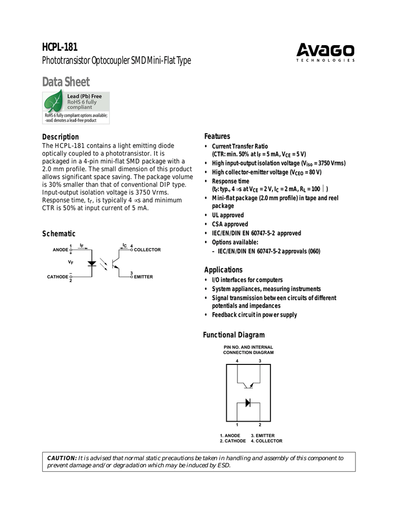 Data Sheet Hcpl 181 Phototransistor Optocoupler Smd Mini Flat Type Features Manualzz