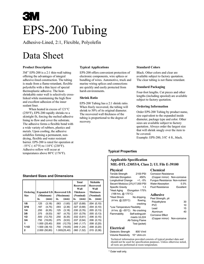 Eps 0 Tubing Data Sheet Adhesive Lined 2 1 Flexible Polyolefin Manualzz