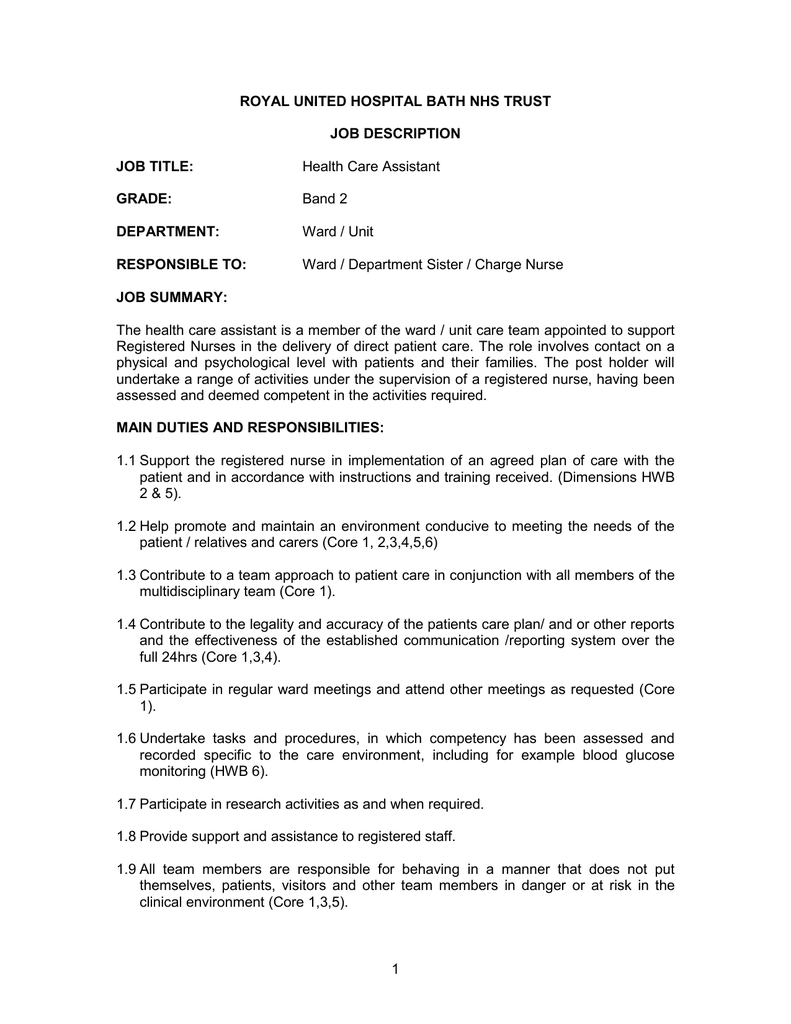 Job Description For A Health Care Assistant Manualzz