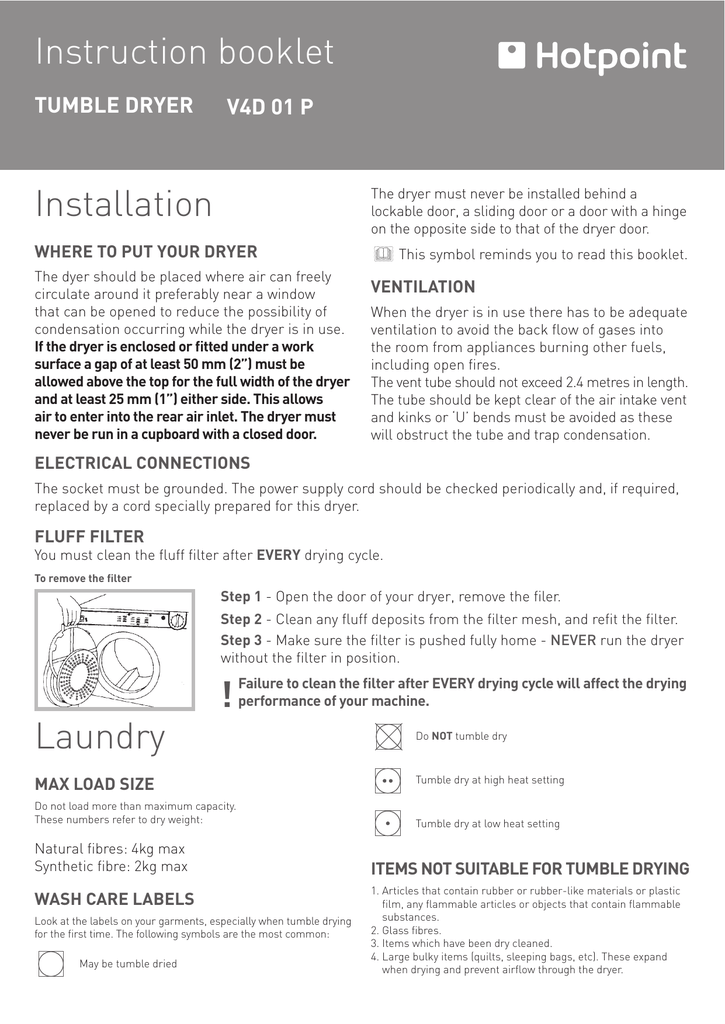 Hotpoint Ariston V4d 01 P Uk V4d 01 P V4d01p4kg Vented Tumble Dryer V4d01p Tumble Dryer Owner S Manual Manualzz