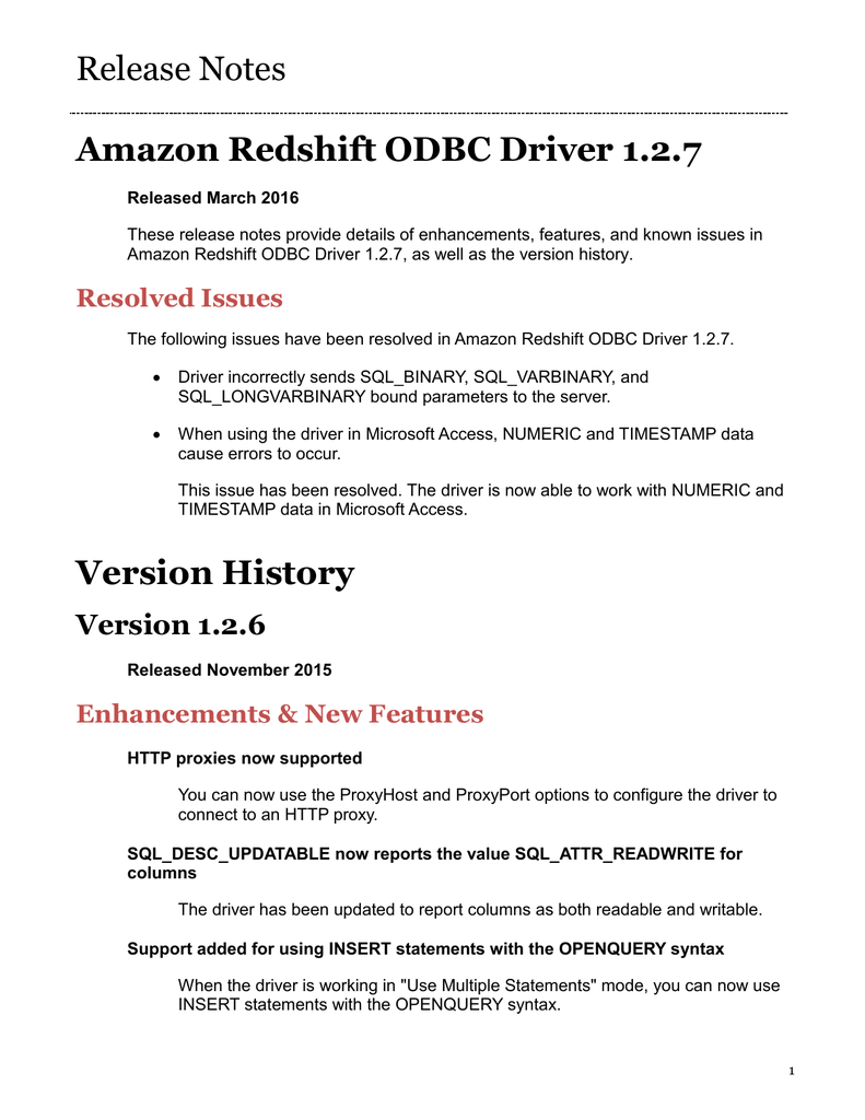Amazon Redshift Odbc Driver Release Notes Manualzz