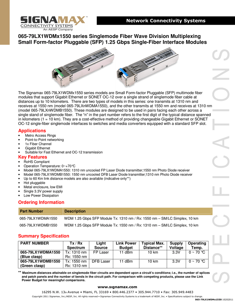 SignaMax 1000Base WDM SFP Fiber Modules 10 km Specification Manualzz