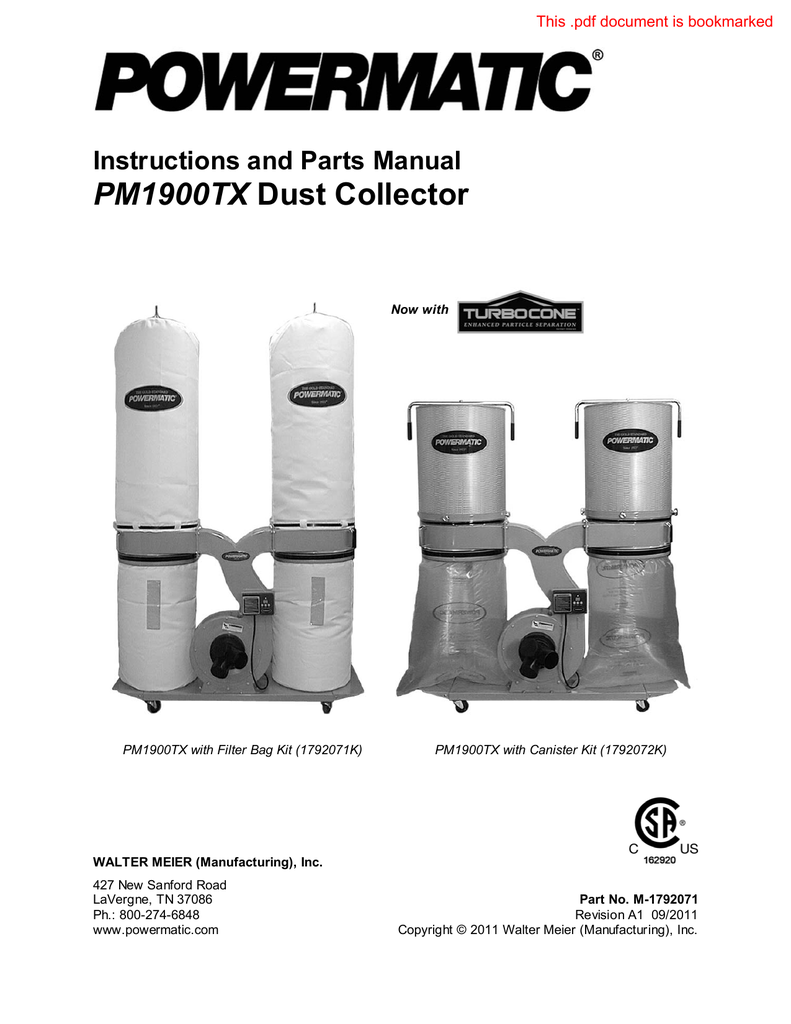 Powermatic PM1900TXCK3 Dust Collector, 3HP 3PH 230/460V, 2Micron Canister Kit manual Manualzz