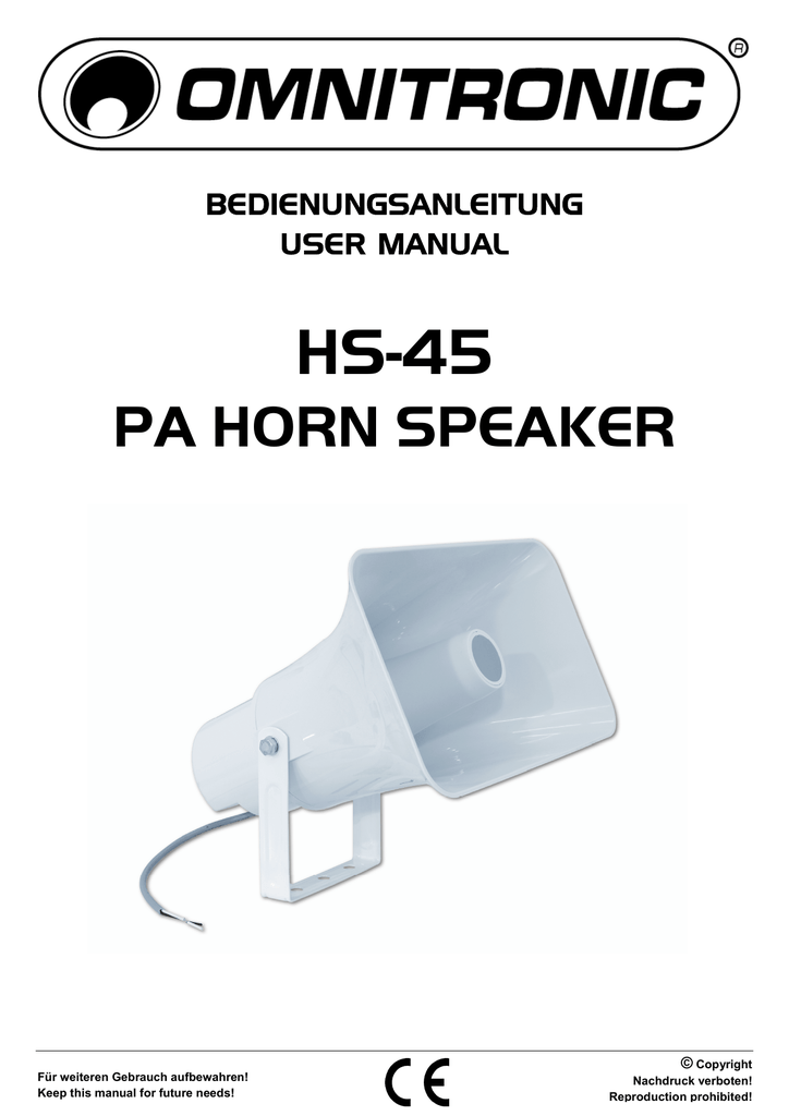 HS45 PA HORN SPEAKER BEDIENUNGSANLEITUNG USER MANUAL Manualzz