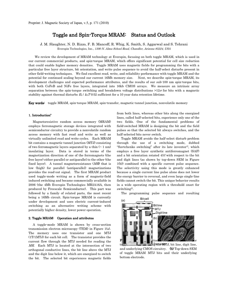 Toggle And Spin Torque Mram Status And Outlook By Jon Slaughter Et Al Everspin Manualzz