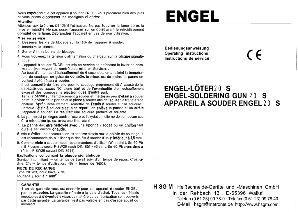 Engel 20 S Operating Instructions Manualzz