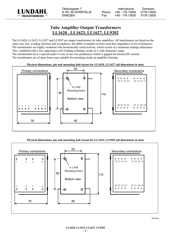 Tube Amplifier Output Transformers LL1620 , LL1623, LL1627, LL9202