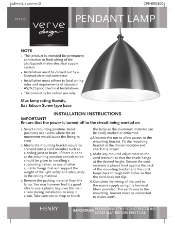 PENDANT LAMP NOTE | Manualzz