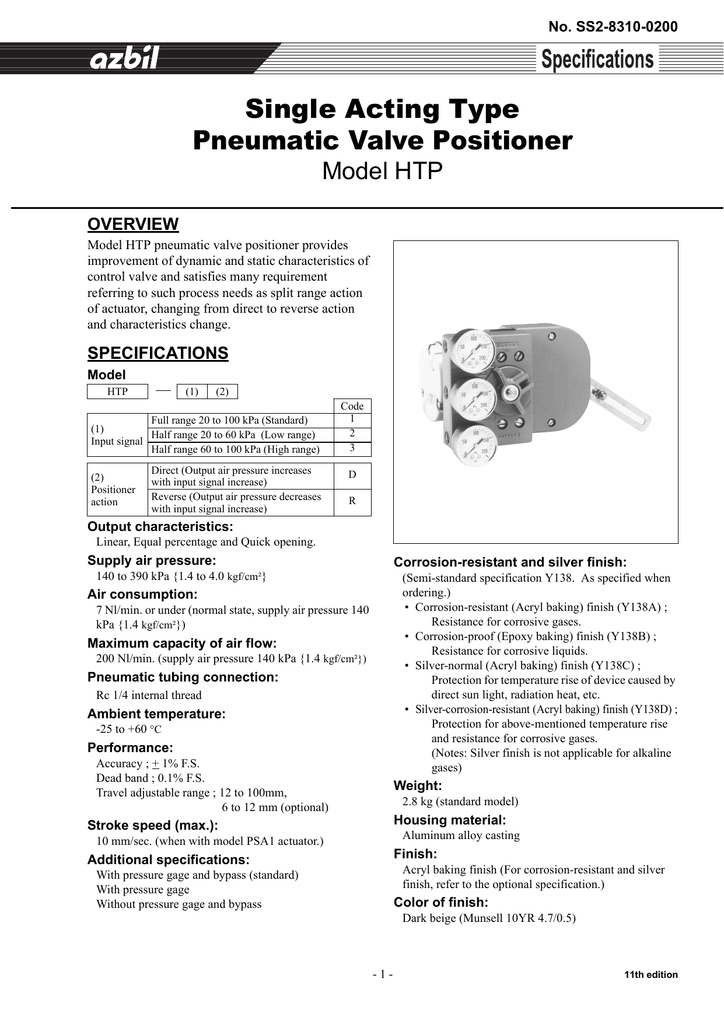 Single Acting Type Pneumatic Valve Positioner Model HTP OVERVIEW Manualzz