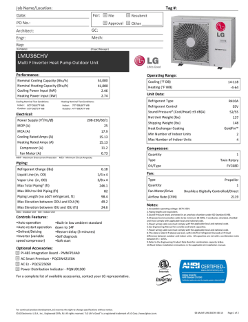 LG LGARG36B3 Air Conditioner Data Sheet | Manualzz